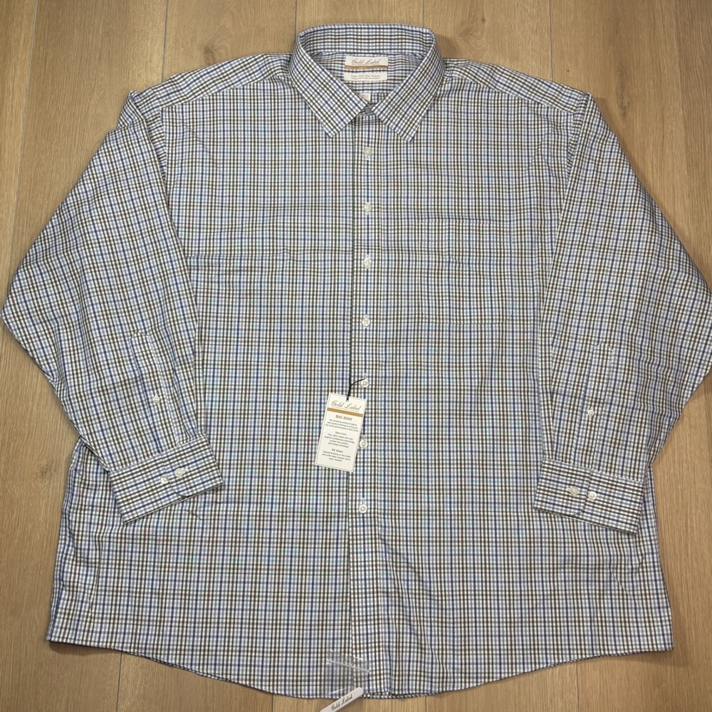 Roundtree & Yorke Gold Label Gingham 19 34/35 Big Check Dress Shirt Blue Green